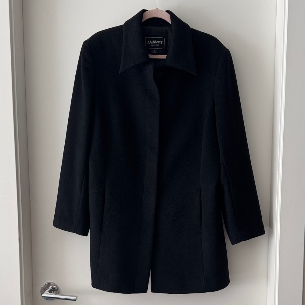 Black Wool Cashmere Coat Size 16 Classic Button Front - Mulberry (CA 40233)
